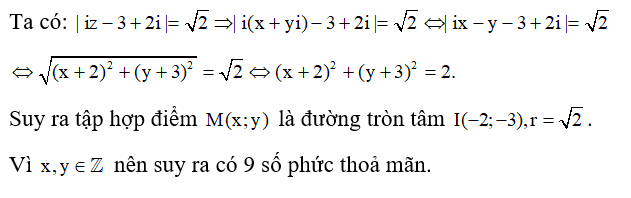 Trên mặt phẳng tọa độ Oxy, có bao nhiêu điểm biểu diễn số phức z = x+yi (x,y thuộc Z)  thoả mãn điều kiện (ảnh 1)
