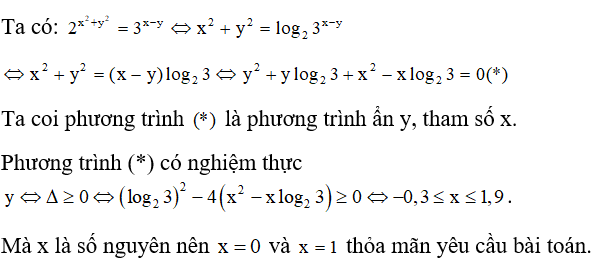 Có bao nhiêu số nguyên x sao cho tồn tại số thực y thỏa mãn 2^x^2 +y^2= 3^x -y   ? A. Vô số.		B. 5 .			C. 2 .			D. 1 . (ảnh 1)