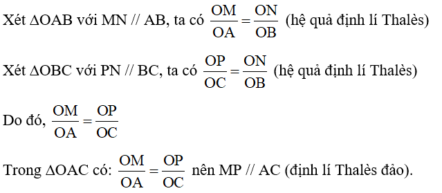 Trong Hình 15, cho MN // AB, NP // BC. Chứng minh MP // AC.   (ảnh 2)