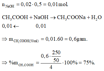 Để xác định hàm lượng CH3COOH trong một loại axit axetic đặc bán trên thị trưởng, ta làm thí nghiệm sau: Cân vào cốc cân có nắp 4,00 g axit đó, hòa tan vào bình định mức 250 ml bằng nước cất. Dùng pipet lấy mỗi lần 50 ml axit đem chuẩn độ bằng dung dịch NaOH 0,5M. Kết quả trung bình sau ba lần chuẩn độ là 20 ml NaOH. Thành phần phần trăm theo khối lượng của CH3COOH trong loại axit axetic đặc bán trong thị trưởng nói trên là: A. 40,12%.		B. 75,00 %.		C. 15,02%.		D. 19,30%. (ảnh 1)