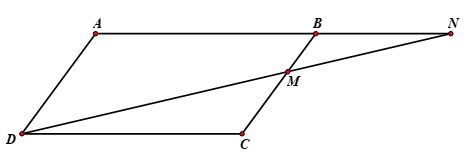 Cho hình bình hành ABCD. Một đường thẳng đi qua D lần lượt cắt đoạn thẳng BC và tia AB tại M và N sao cho điểm M nằm giữa hai điểm B và C. Chứng minh: a) ∆NBM ᔕ ∆NAD; (ảnh 1)