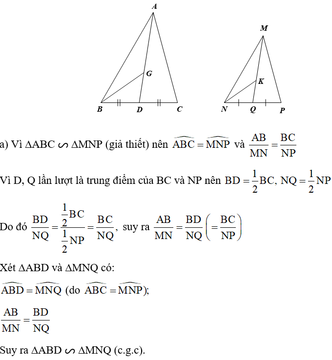 Cho ∆ABC ᔕ ∆MNP. a) Gọi D và Q lần lượt là trung điểm của BC và NP. Chứng minh ∆ABD ᔕ ∆MNQ. (ảnh 1)