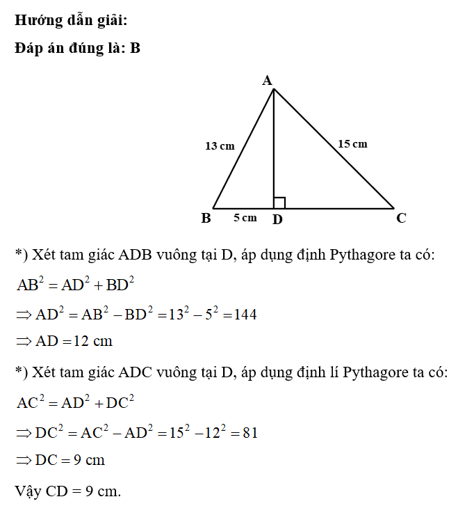 Cho tam giác nhọn ABC có AB = 13 cm, AC = 15 cm. Kẻ AD vuông góc BC ( D thuộc BC). Biết BD = 5 cm. Tính CD. (ảnh 1)