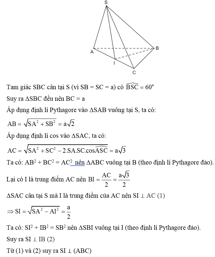 Cho hình chóp S.ABC có SA = SB = SC = a, góc ASB= 90 độ, góc BSC= 60 độ (ảnh 1)