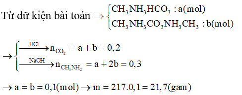 Hỗn hợp E gồm hai chất hữu cơ X (C2H7O3N) và Y (C3H12O3N2). X và Y đều có tính chất lưỡng tính. Cho m gam hỗn hợp E tác dụng với dung dịch HCl dư thu được 4,48 lít khí Z (Z là hợp chất vô cơ). Mặt khác, khi cho m gam hỗn hợp E tác dụng với dung dịch NaOH dư, đun nóng thoát ra 6,72 lít khi T (T là hợp chất hữu cơ đơn chức chứa C, H, N và làm xanh giấy quỳ tím ẩm). Cô cạn dung dịch thu được chất rắn gồm hai chất vô cơ. Thể tích các khí đo ở đktc. Giá trị của m là: (ảnh 1)