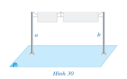 Quan sát Hình 30 (hai cột của biển báo, mặt đường), cho biết hình đó gợi nên tính chất nào về quan hệ vuông góc giữa đường thẳng và mặt phẳng.   (ảnh 1)