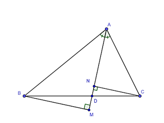 Cho tam giác ABC có đường phân giác trong AD. Gọi M và N theo thứ tự là hình chiếu của B và C (ảnh 1)
