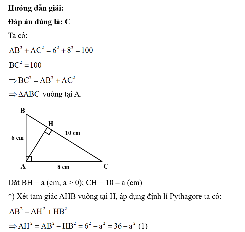 Cho tam giác ABC có AB = 6 cm, AC = 8 cm, BC = 10 cm và đường cao AH. Tính độ dài AH. (ảnh 1)