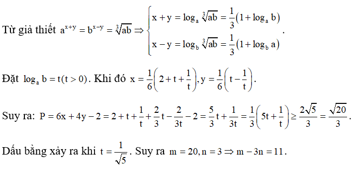 Cho các số thực a, b, x, y thoả mãn a lớn hơn 1, b lớn hơn 1  và a^x +y= b^ x-y= căn bậc 3 của ab . Giá trị nhỏ nhất của (ảnh 1)