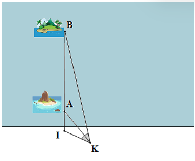 Một chiếc thuyền xuất phát từ vị trí I chở hàng cho hai hòn đảo A và B theo phương thẳng (được minh họa như trong hình vẽ). Một người đứng ở vị trí K trên bờ quan sát ba điểm thẳng hàng I, A, B. Người đó nhận thấy góc nhìn đến hai điểm I, A thì bằng góc nhìn đến hai điể (ảnh 1)