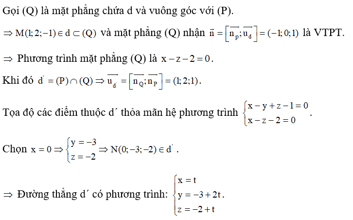 Trong không gian với hệ tọa độ Oxyz, dˈ là hình chiếu vuông góc của d: x= 1 -t; y = 2 +2t; -1-t  trên mặt phẳng (ảnh 1)