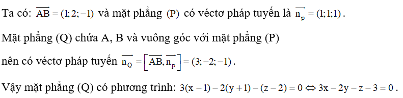 Trong không gian với hệ tọa độ Oxyz, cho A(1;-1;2),B(2;1;1)  và mặt phẳng (Q)  t Mặt phẳng (P)  chứa $A, B$ và vuông góc với mặt phẳng  . Mặt phẳng   có phương trình là: (ảnh 1)