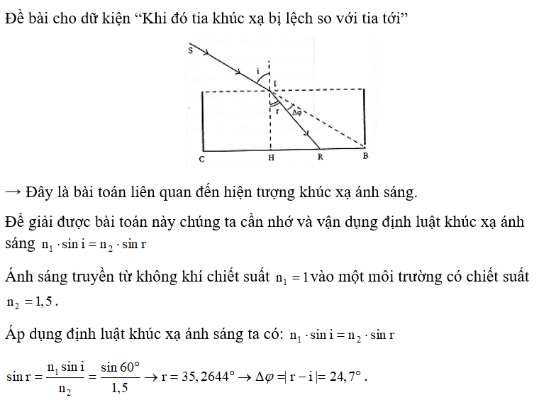 Chiếu một tia sáng từ không khí vào một môi trường trong suốt có chiết suất n = 1,5 với góc tới 60° . Khi đó tia khúc xạ bị lệch so với tia tới một góc  . Giá trị của   là: (ảnh 1)