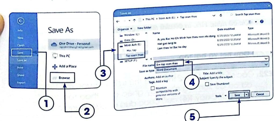 Các số trong Hình 1 thực hiện thứ tự các bước lưu tệp văn bản vào thư mục theo yêu cầu (ảnh 1)