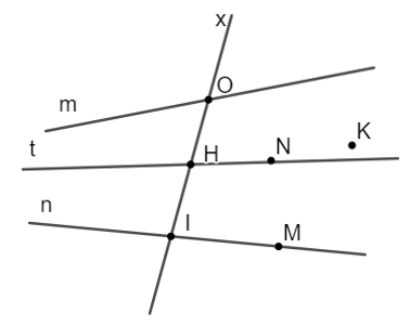 Cho hình vẽ sau:   Bộ ba điểm thẳng hàng là A. O, H, I; B. H, N, K; C. O, N, M; D. O, H, N. (ảnh 1)