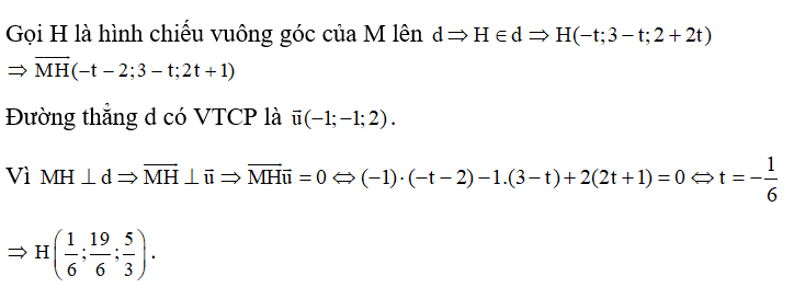 Trong không gian với hệ tọa độ Oxyz, cho điểm M(2;0;1)  và đường thẳng d: x = -t; y= 3-t; z = 2 +2t  .Tọa độ hình chiếu vuông góc của M trên d là: (ảnh 1)