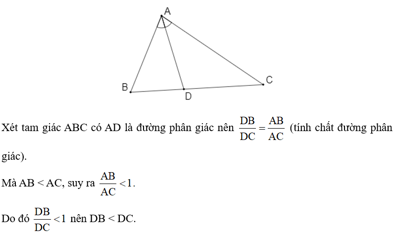 Cho tam giác ABC có AB < AC, AD là đường phân giác. Chứng minh DB < DC. (ảnh 1)