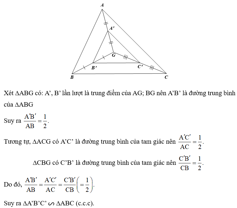 Cho tam giác ABC có trọng tâm G. Gọi A’, B’, C’ lần lượt là trung điểm của AG; BG; CG. Chứng minh ∆A’B’C’ ᔕ ∆ABC. (ảnh 1)