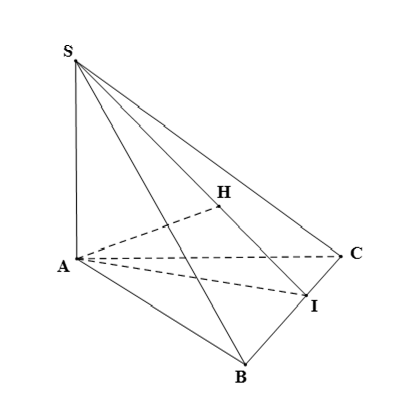 Cho hình chóp S.ABC có SA vuông góc (ABC), AI vuông góc BC (I thuộc BC), AH vuông góc SI (H thuộc SI).  (ảnh 1)