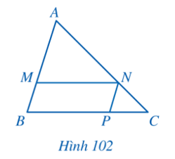 Cho tam giác ABC, các điểm M, N, P lần lượt thuộc các cạnh AB, AC, BC sao cho tứ giác BMNP là hình bình hành (Hình 102). Chứng minh rằng     (ảnh 1)