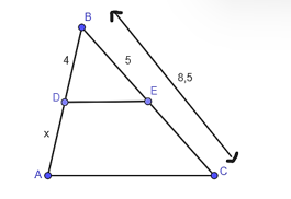 Cho hình vẽ, DE // AC. Độ dài x trong hình vẽ là:   A. 8,2; B. 2,3; C. 6,8; D. 2,8. (ảnh 1)