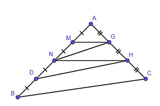 Quan sát hình vẽ và cho biết MG song song với đoạn thẳng nào?   A. NG; B. BC; C. DH; D. HN. (ảnh 1)