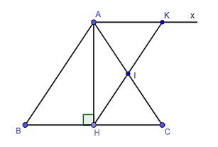 Cho tam giác ABC cân tại A, đường cao AH. Gọi I là trung điểm của AC. Qua A kẻ Ax song song với BC cắt HI tại K. Khi đó HK song song với: A. AB; B. IC; C. BH; D. AI. (ảnh 1)
