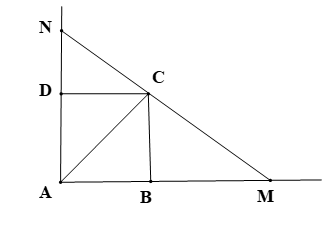 Hình dưới đây minh họa một phần nền nhà được lát bởi các viên gạch hình vuông khít nhau trong đó các điểm A, B, C, D là bốn đỉnh của một viên gạch. Đặt một thước gỗ trên mặt nền nhà sao cho thước gỗ luôn đi qua điểm C và cắt tia AB tại M, cắt tia AD tại N. Khẳng định nào sau đây sai? (ảnh 2)