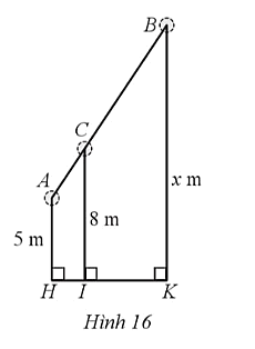 Ở một nhà máy, người ta dùng một băng chuyền để chuyển nguyên vật liệu. Ba vòng quay A, B, C của băng chuyền đặt cách mặt đất ở các độ cao lần lượt là AH = 5 (m), CI = 8 (m), BK = x (m) (Hình 16). Tính x, biết     (ảnh 1)
