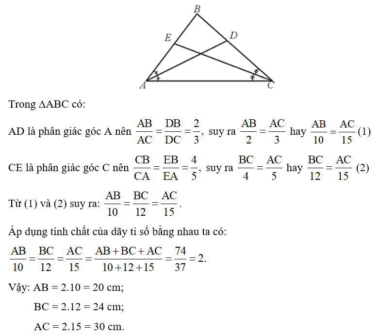 Cho tam giác ABC có chu vi bằng 74 cm. Đường phân giác của góc A chia cạnh BC thành hai đoạn BD và DC tỉ lệ với 2 và 3, đường phân giác của góc C chia cạnh AB thành hai đoạn EB và EA tỉ lệ với 4 và 5. Tính độ dài các cạnh của tam giác ABC. (ảnh 1)