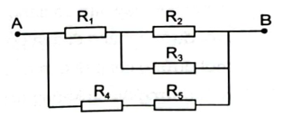 Cho một đoạn mạch điện như hình vẽ. Biết các giá trị điện trở: R1= 1 ôm, R2= 20 ôm, R3= 5 ôm, R4= R5=10 ôm . Hãy tính điện trở của đoạn mạch  .   (ảnh 1)