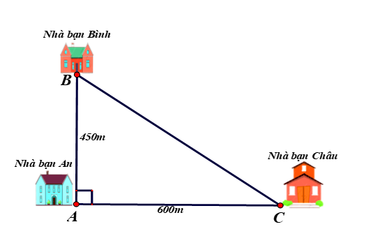 Nhà bạn An (vị trí A trên hình vẽ) cách nhà bạn Châu (vị trí C trên hình vẽ) 600 m và cách nhà bạn Bình (vị (ảnh 1)