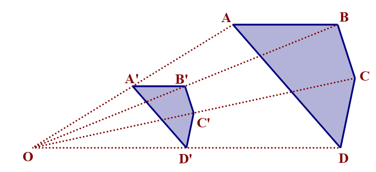Cho hai tứ giác A'B'C'D' và ABCD đồng dạng phối cảnh với nhau. O là tâm đồng dạng phối cảnh, tỉ số  (ảnh 1)