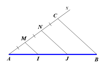 Cho đoạn thẳng AB. Hãy trình bày cách chia đoạn thẳng AB thành ba đoạn thẳng bằng nhau mà không dùng thước để đo. (ảnh 1)