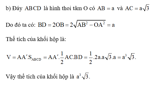 b) Tính thể tích của khối hộp. (ảnh 1)