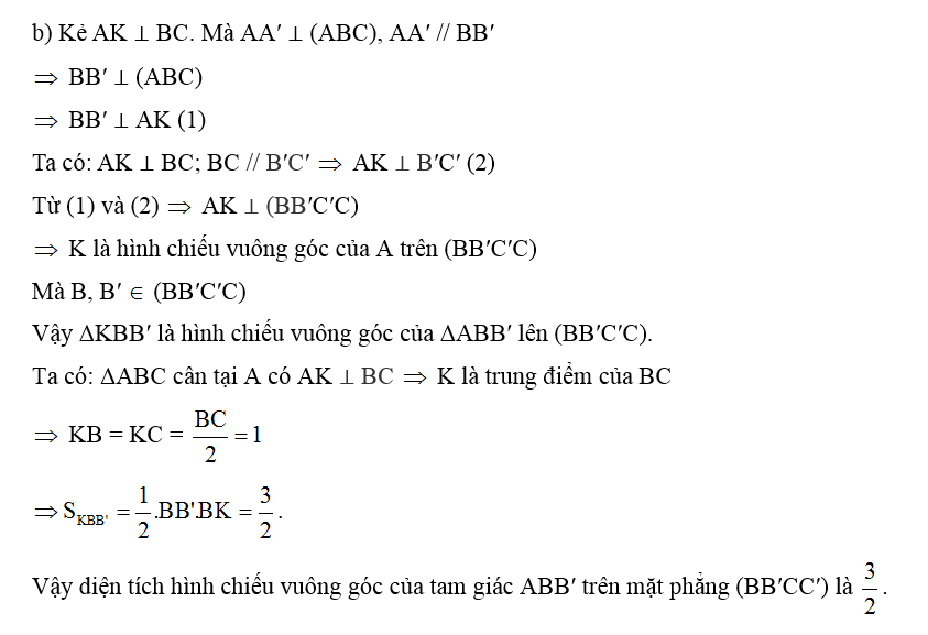 b) Tính diện tích hình chiếu vuông góc của tam giác ABB′ trên mặt phẳng (BB′CC′). (ảnh 1)