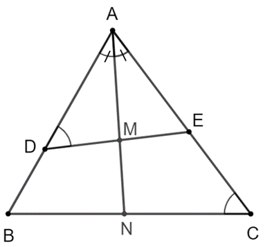 Tia phân giác của góc BAC cắt DE tại M và cắt BC tại N.  Chứng minh rằng  (ảnh 1)