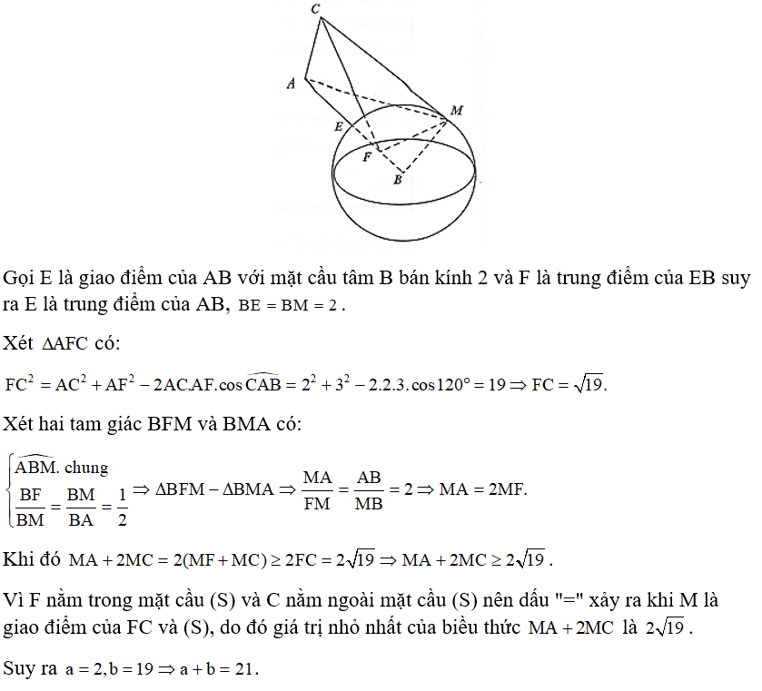 Cho tam giác ABC có AB = 4, AC = 2, góc CAB = 120 độ . Gọi M là điểm thay đổi thuộc mặt cầu tâm B, bán kính 2. Giá trị nhỏ nhất của (ảnh 1)