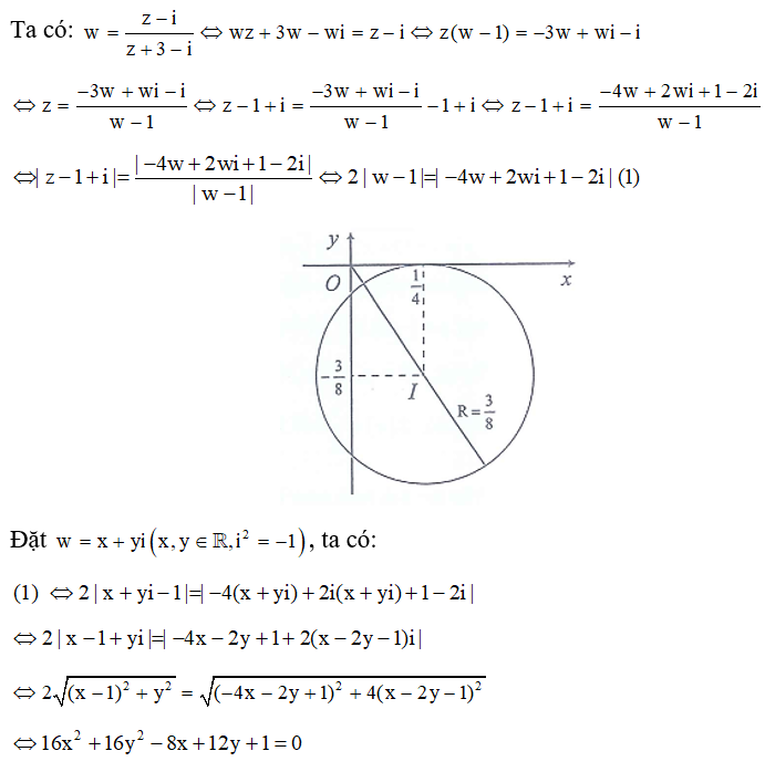 Cho hai số phức z, w thỏa mãn môdun z-1 +i =2  và w= z-i/ z+3-i . Giá trị lớn nhất của |w| bằng: (ảnh 1)