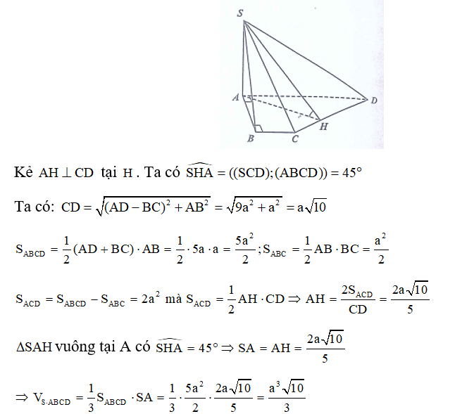 Cho hình chóp tứ giác S.ABCD có SA vuông góc với mặt phẳng đáy, ABCD là hình thang vuông tại A và B, (ảnh 1)