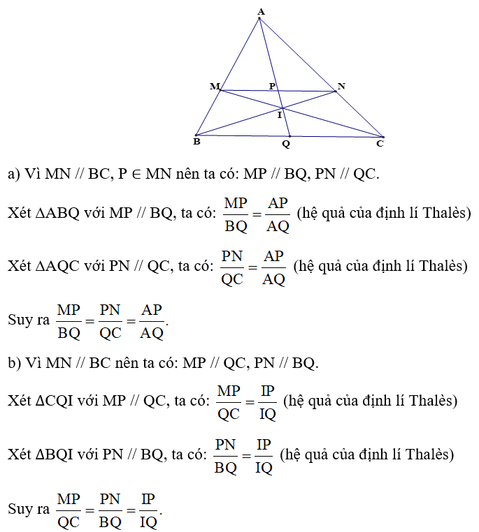 Cho tam giác ABC có M, N là hai điểm lần lượt thuộc các cạnh AB, AC sao cho MN // BC. Gọi I, P, Q lần lượt là giao điểm của BN và CM, AI và MN, AI và BC. Chứng minh: (ảnh 1)