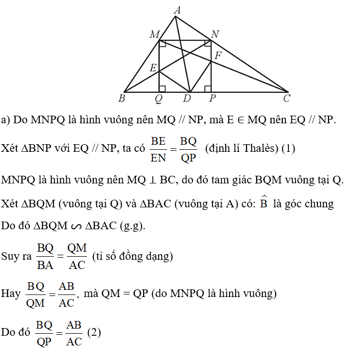 Cho tam giác ABC vuông tại A, có đường phân giác AD. Vẽ hình vuông MNPQ ở đó M thuộc cạnh AB, N thuộc cạnh AC, P và Q thuộc cạnh BC. Gọi E và F lần lượt là giao điểm của BN và MQ, CM và NP (Hình 60). Chứng minh: a) DE song song với AC; b) DE = DF. (ảnh 2)