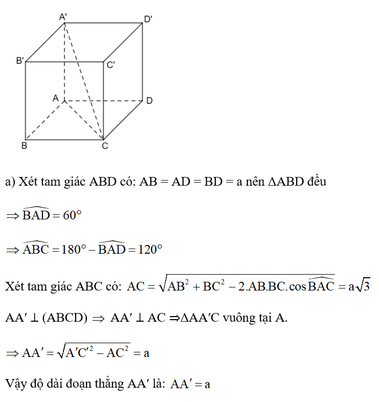 Cho hình hộp ABCD.A′B′C′D′ có đáy là hình thoi. Cho biết  AB = BD = a, A′C = 2a. (ảnh 1)