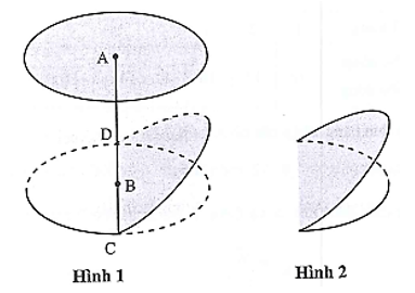 Từ một khúc gỗ hình trụ có đường kính 50 cm, người ta cắt khúc gỗ bởi một mặt phẳng đi qua đường kính đày và nghiêng với đáy một góc 45° để lấy một hình nêm (xem hình minh họa dưới đây).   Khi đó, thể tích V của hình nêm (hình 2) bằng: (ảnh 1)
