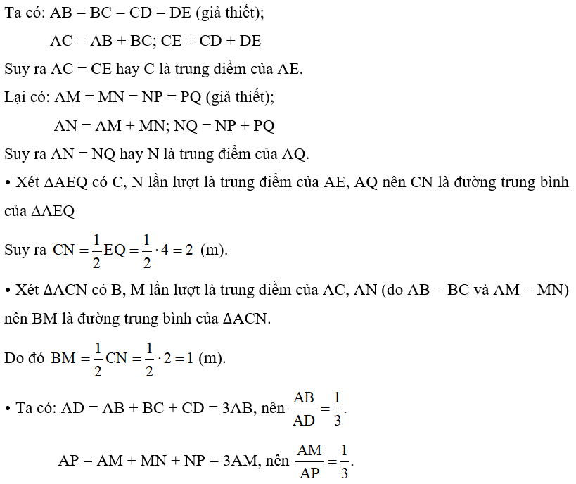 Hình 108 minh họa mặt cắt đứng của tủ sách nghệ thuật ở nhà bác Ngọc. Sau một thời gian sử dụng, tủ sách đó đã có dấu hiệu bị xuống cấp và cần sửa lại. Các tấm ngăn BM, CN, DP bị hỏng và cần thay mới. Em hãy giúp bác Ngọc tính toán chiều dài các tấm ngăn mới lần lượt thay thế cho các tấm ngăn BM, CN, DP đã bị hỏng. Biết chiều dài tấm ngăn EQ bằng 4 m. (ảnh 2)