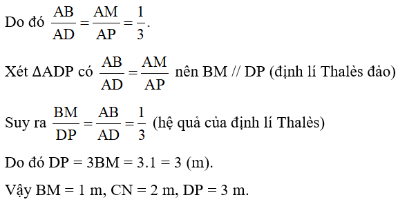 Hình 108 minh họa mặt cắt đứng của tủ sách nghệ thuật ở nhà bác Ngọc. Sau một thời gian sử dụng, tủ sách đó đã có dấu hiệu bị xuống cấp và cần sửa lại. Các tấm ngăn BM, CN, DP bị hỏng và cần thay mới. Em hãy giúp bác Ngọc tính toán chiều dài các tấm ngăn mới lần lượt thay thế cho các tấm ngăn BM, CN, DP đã bị hỏng. Biết chiều dài tấm ngăn EQ bằng 4 m. (ảnh 3)