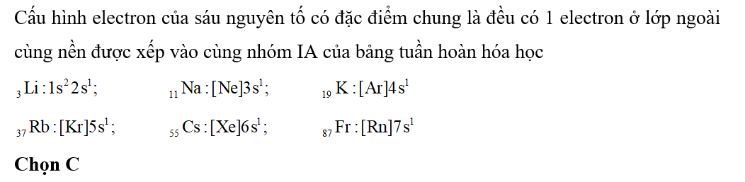 Sáu nguyên tố với số hiệu nguyên tử là 3, 11, 19, 37, 55 và 87 cùng thuộc nhóm IA của (ảnh 1)