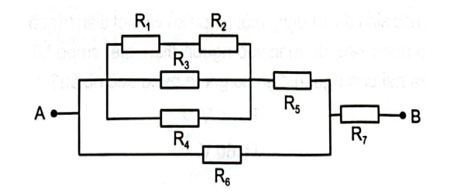 Cho mạch điện như Hình vẽ. Cho biết các giá trị điện trở:  R1=4 ôm  ,R2= R5=20ôm, R3= R6=12ôm, R4= R7=8ôm  . Hiệu điện thế giữa hai đầu đoạn mạcuAB=48V h  .      a) Tính điện trở   của đoạn mạch AB  .  b) Tìm cường độ dòng điện và hiệu điện thế của mỗi điện trở. (ảnh 1)
