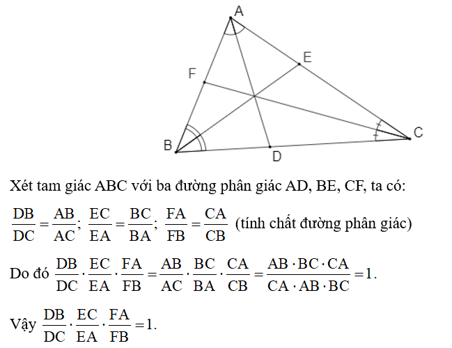 Cho tam giác ABC có ba đường phân giác AD, BE, CE. Chứng minh DB/DC. EC/ EA. FA/FB= 1 (ảnh 1)