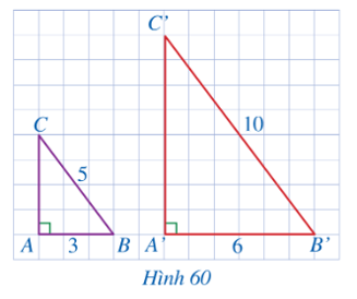 Cho hai tam giác ABC và A’B’C’ lần lượt vuông tại A và A’ (Hình 60) sao cho AB = 3, BC = 5, A’B’ = 6, B’C’ = 10.  (ảnh 1)